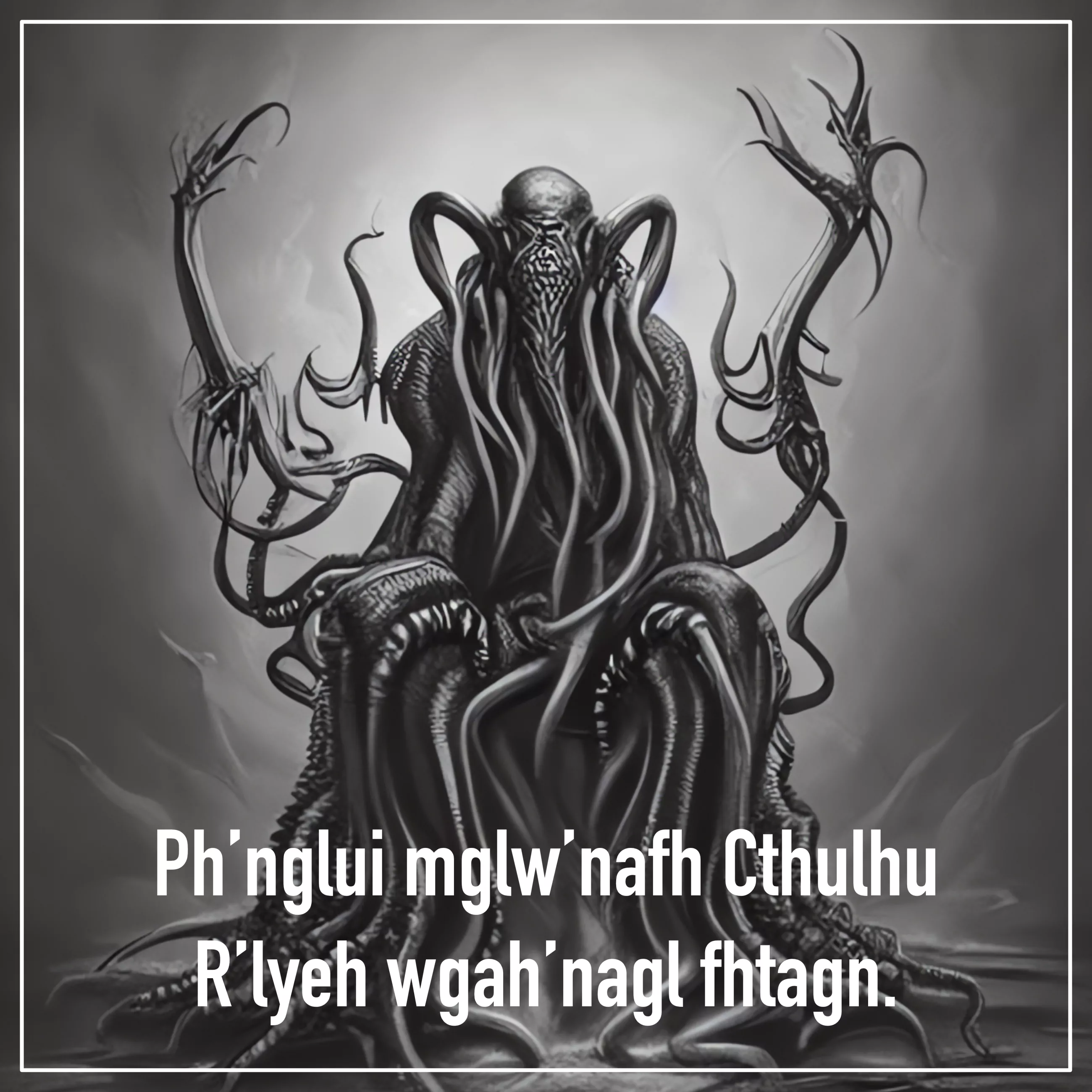 Cthulhu, eine riesige, tentakelbewehrte Kreatur, sitzt auf einem Thron.