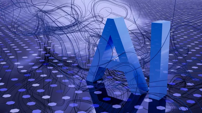 Eine Nahaufnahme von glänzenden blauen „AI“-Buchstaben auf einem futuristischen lila Hintergrund.