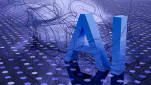 Eine Nahaufnahme von glänzenden blauen „AI“-Buchstaben auf einem futuristischen lila Hintergrund.